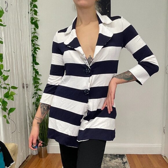 Emporio Armani Pullover Striped Button-Up Tunic Top Size 8 White/Blue - Picture 2 of 6